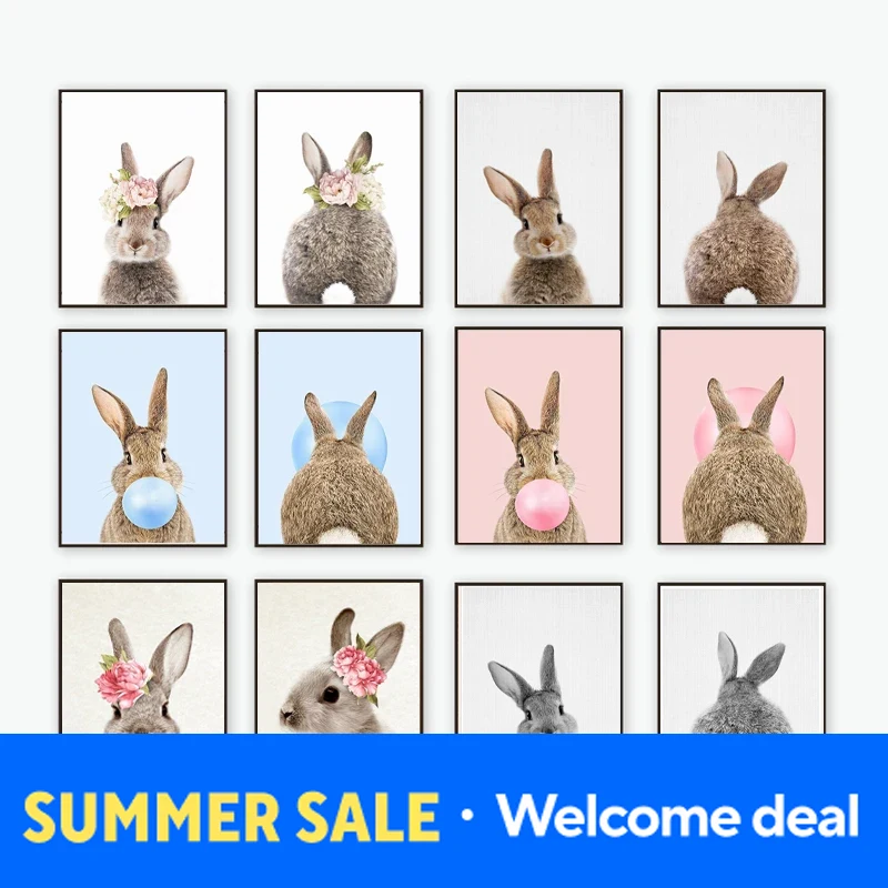 Baby Nursery Animal Prints - 2026 Affiches d'art Rabbit Bubble Gum,