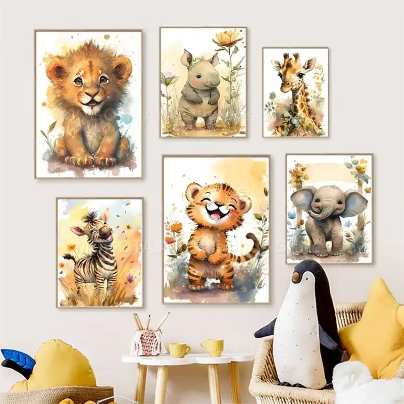 Baby Nursery Elephant - Aquarelle Lion girafe tigre éléphant zèbre